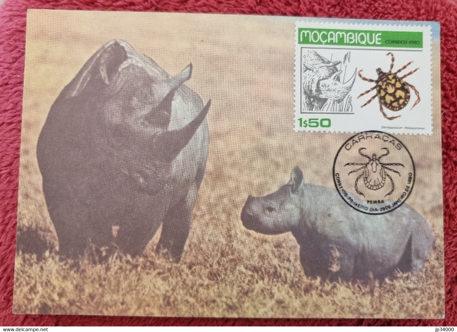 MOZAMBIQUE  Rhinocéros, Insectes, Tique, Yvert N° 732 FDC, 1er Jour, Carte Maximum 1980 - Rhinoceros