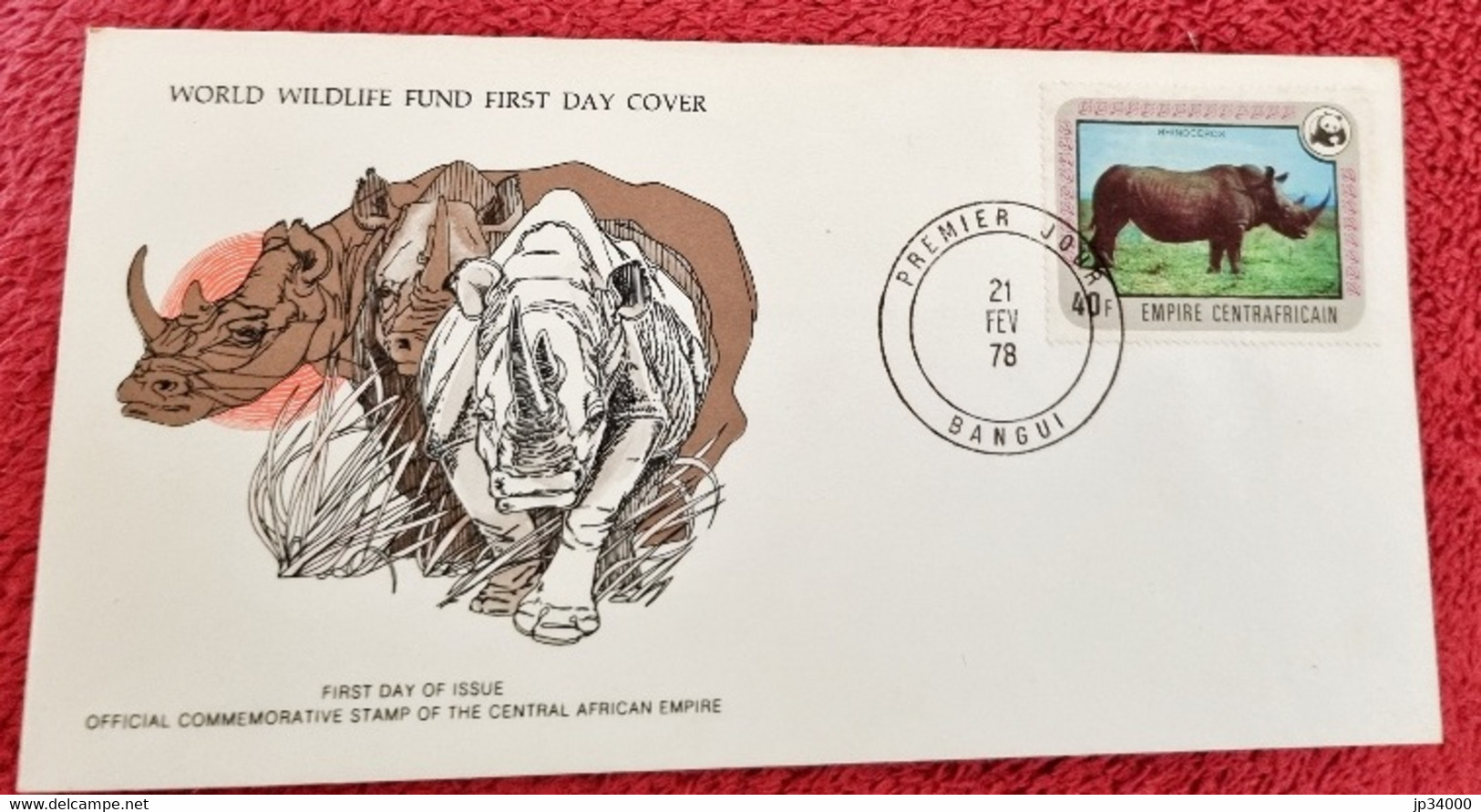 CENTRAFRIQUE  Rhinocéros, WWF, Yvert N° 328 FDC, Enveloppe 1er Jour 1976 - Neushoorn