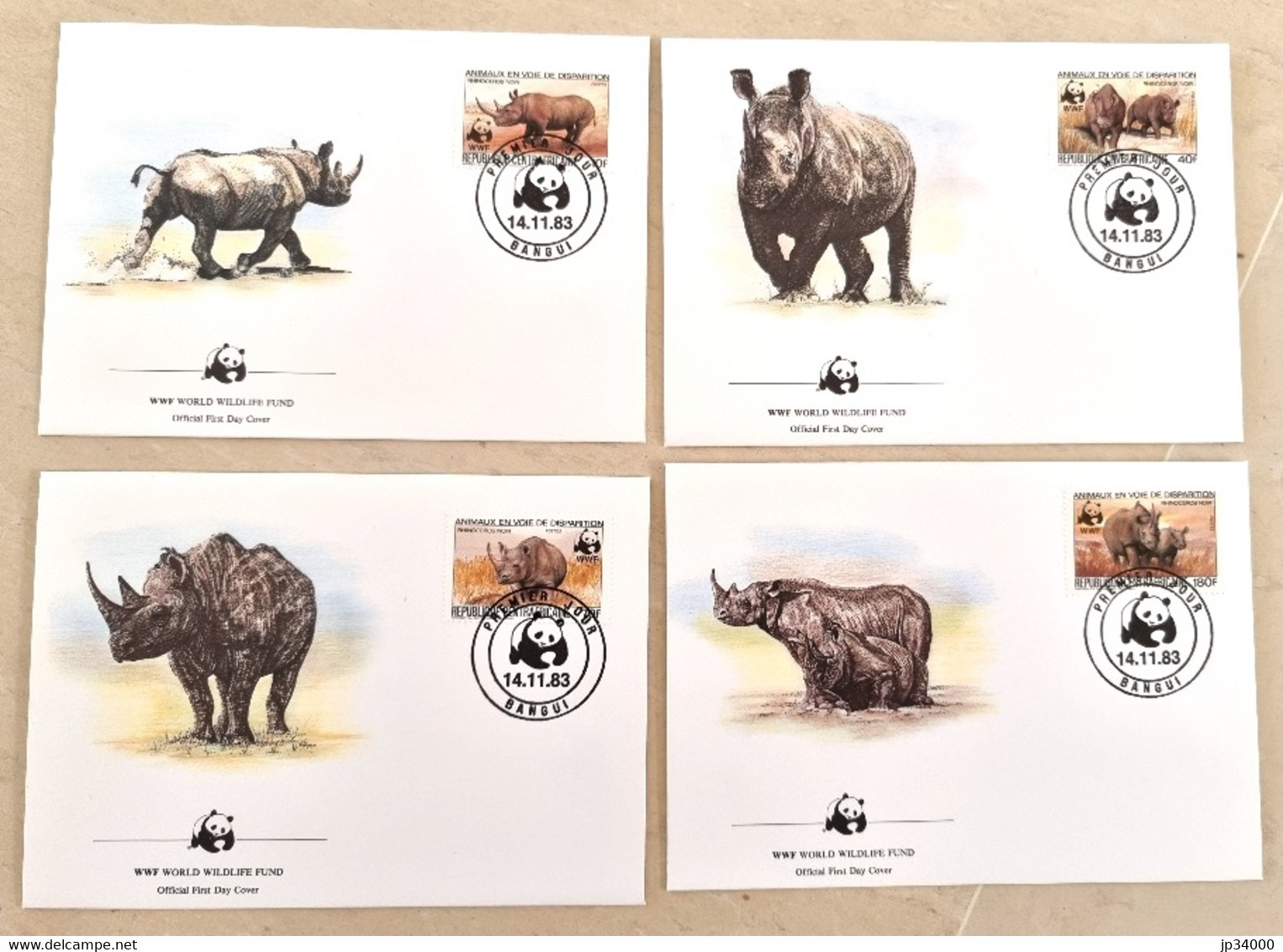 CENTRAFRIQUE  Rhinocéros, WWF, Yvert N° 618/11, Enveloppe 1er Jour , FDC. 1983 - Rhinocéros