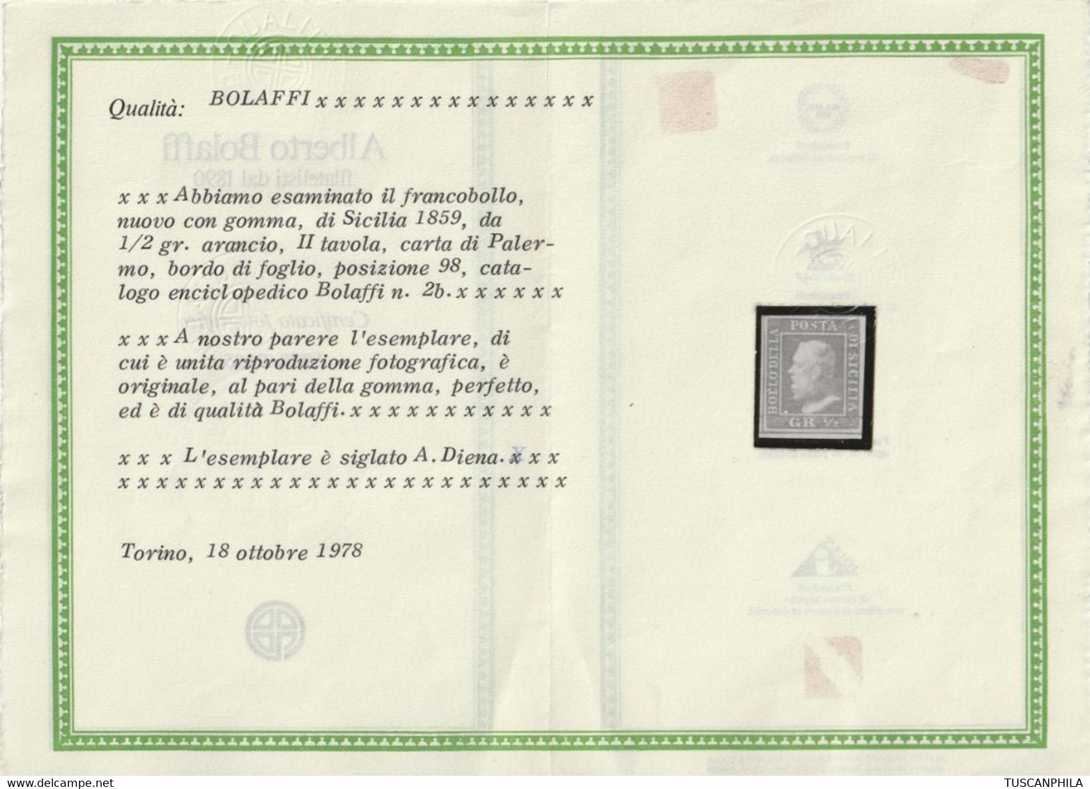 1/2 Gr. II^ Tav. Pos.98 PA Sass 2 MVLH* F.AD , Cert. Bolaffi Lusso Cv 1300 - Sicilia