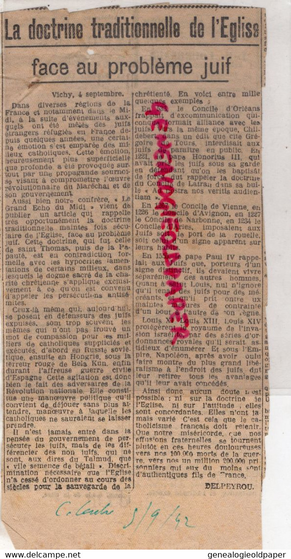 87- LIMOGES-ARTICLE GUERRE 1939-1945- COURRIER DU CENTRE 5-9-1942-PROBLEME JUIF-PROPAGANDE VICHY- JUIFS -DOCTRINE EGLISE - Documentos Históricos