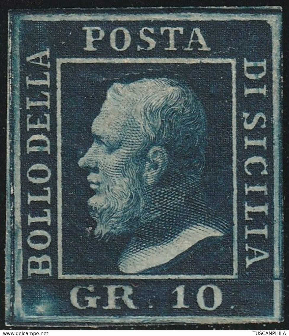 10 Gr. Indaco Sass 12b MVLH* F.Oliva, Sorani, Cert. Giulio Bolaffi Lusso - Sicilia