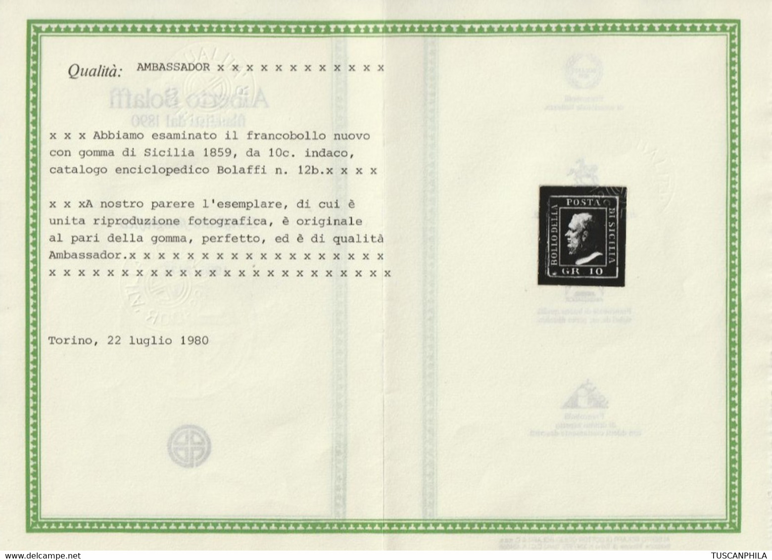 10 Gr. Indaco Sass 12b MVLH* F.Oliva, Sorani, Cert. Giulio Bolaffi Lusso - Sicilia