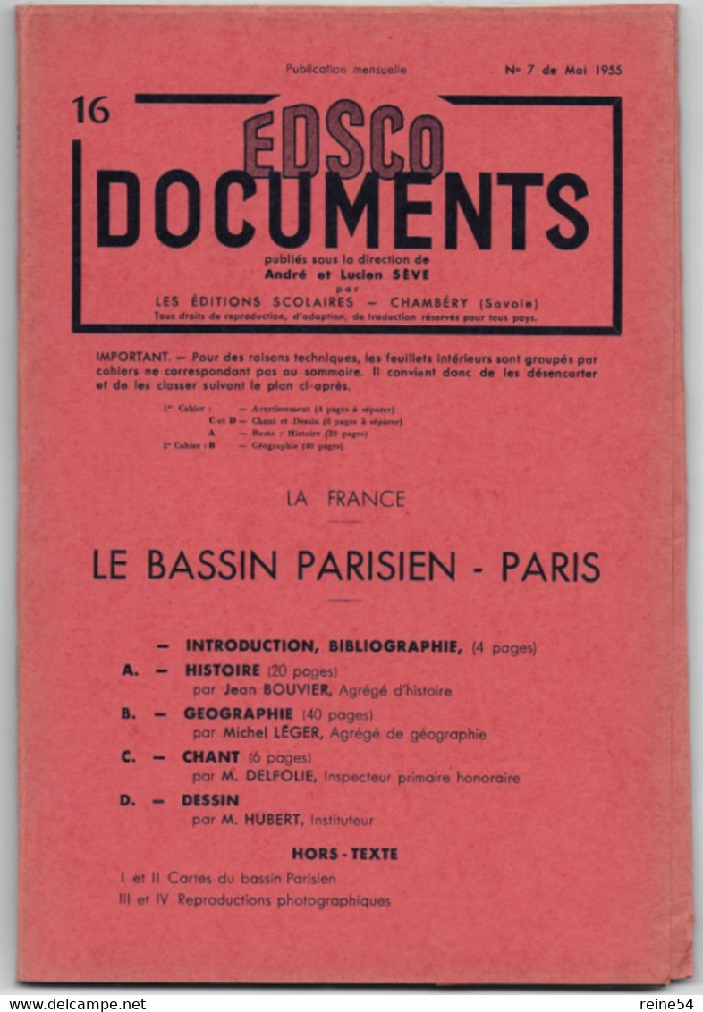 EDSCO DOCUMENTS- - LE BASSIN PARISIEN -PARIS -n° 7 De Mai 1955 -Pochette N°16 Support Enseignants-Les Editions Scolaires - Fiches Didactiques