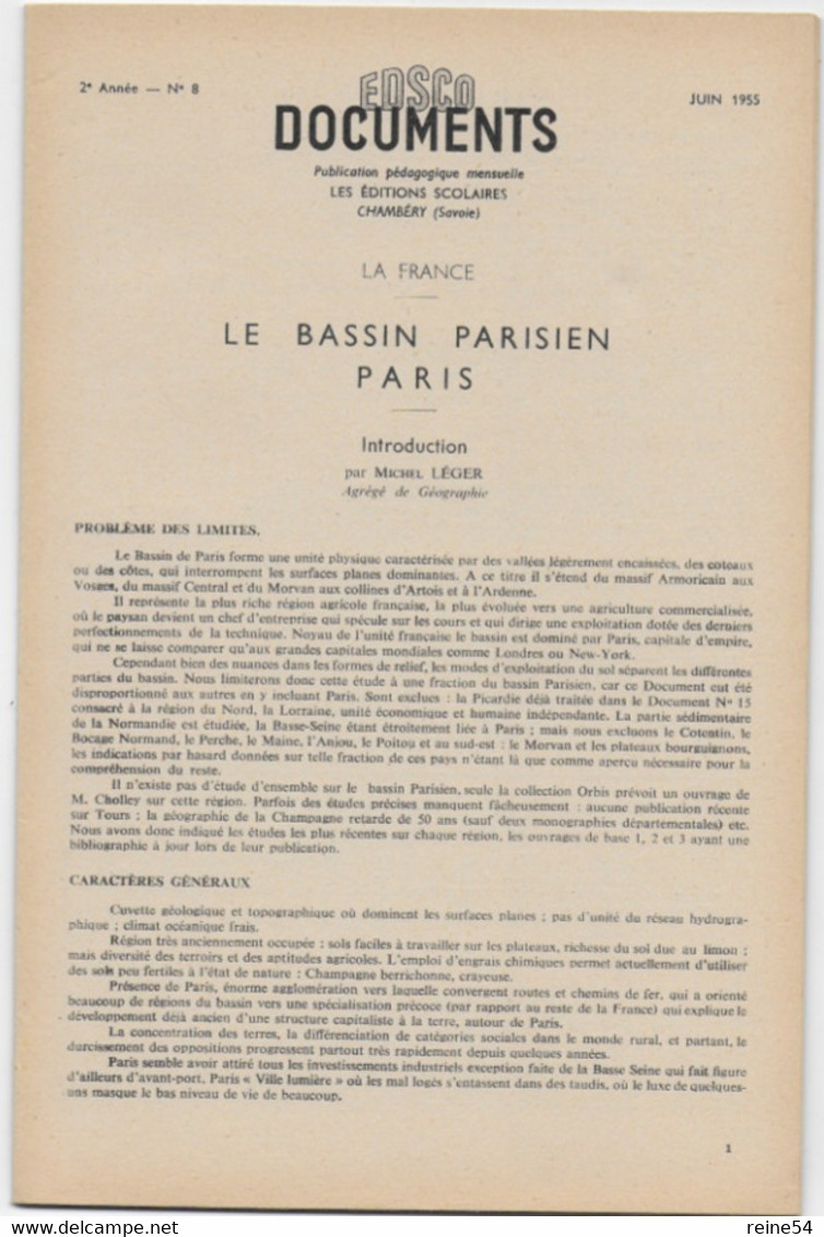 EDSCO DOCUMENTS- - LE BASSIN PARISIEN -PARIS -n° 7 De Mai 1955 -Pochette N°16 Support Enseignants-Les Editions Scolaires - Fiches Didactiques