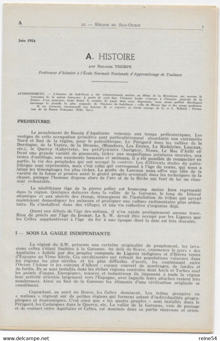 EDSCO DOCUMENTS- -REGION DU SUD-OUEST France -n°10 De Juin1954-Pochette N°22 -support Enseignants-Les Editions Scolaires - Learning Cards