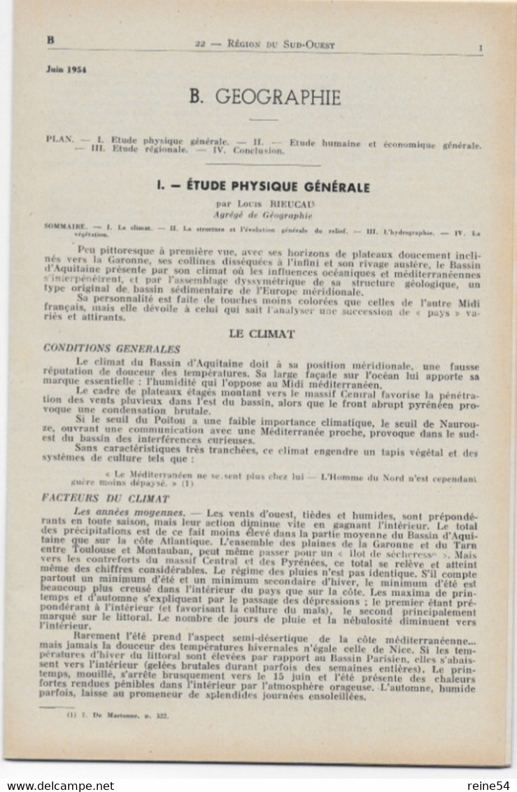 EDSCO DOCUMENTS- -REGION DU SUD-OUEST France -n°10 De Juin1954-Pochette N°22 -support Enseignants-Les Editions Scolaires - Fiches Didactiques