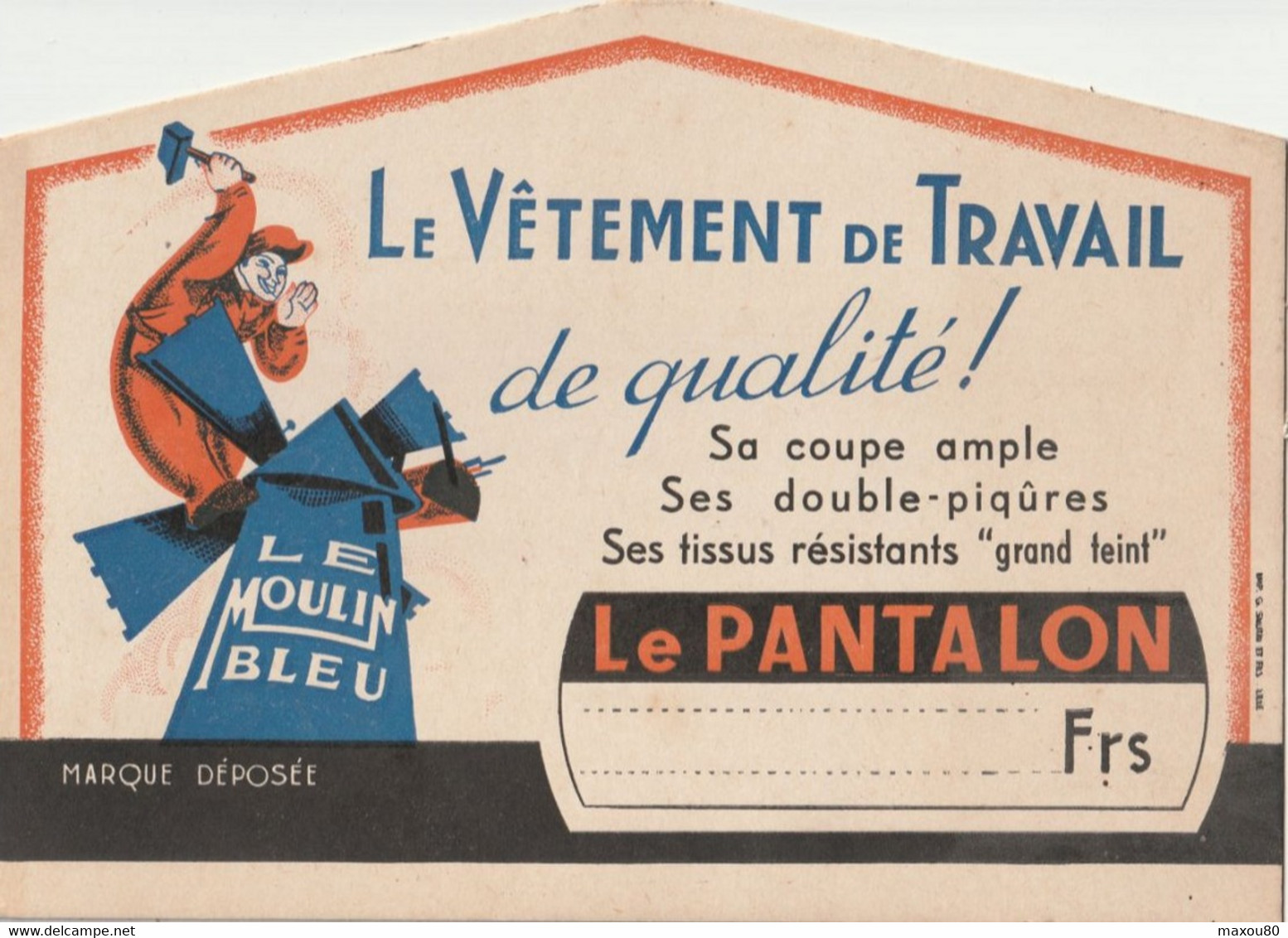 Superbe Carton Publicitaire Pour Le Vêtement De Travail  LE MOULIN BLEU - Paperboard Signs