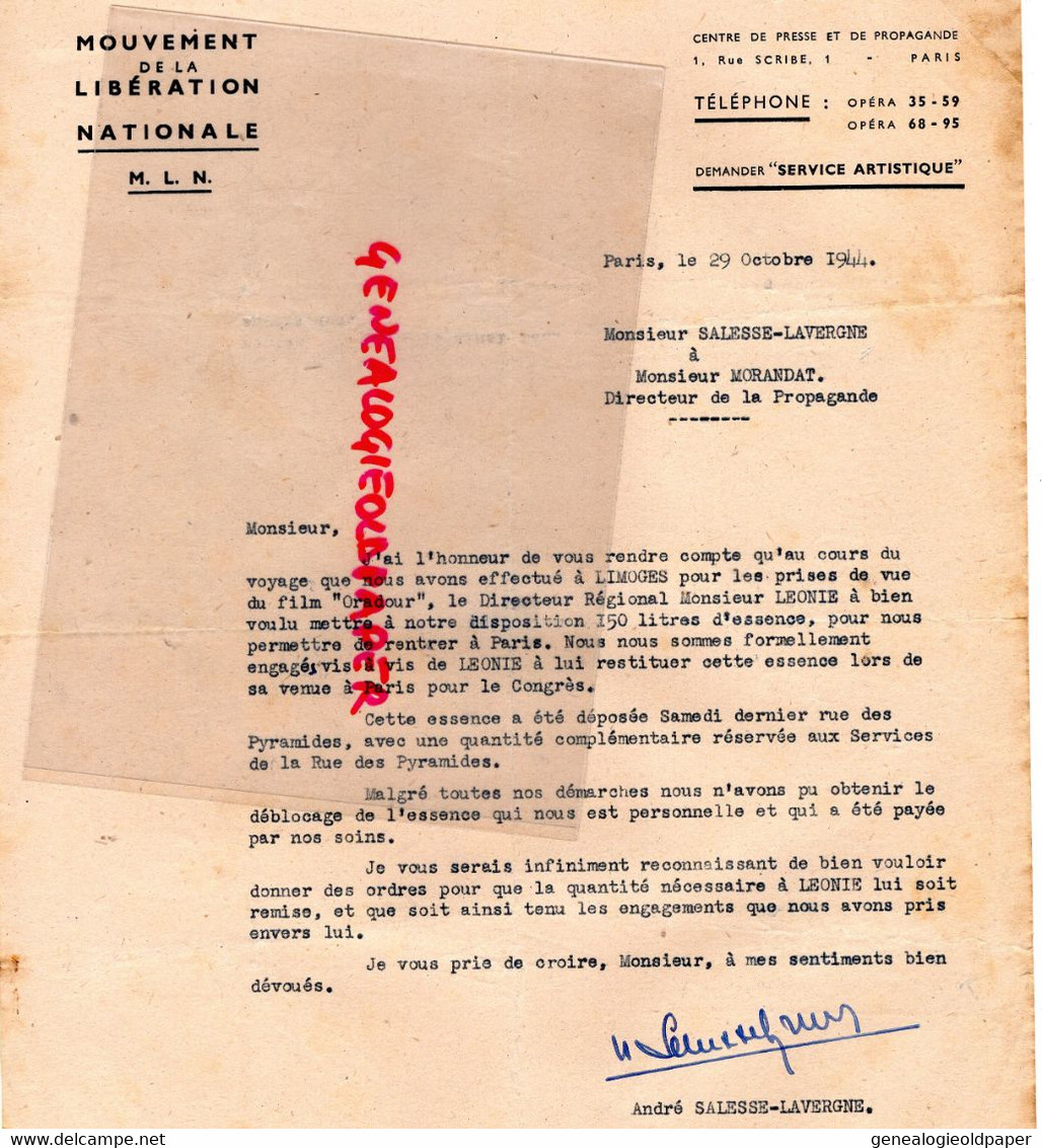 87-ORADOUR LIMOGES--RARE LETTRE  MLN PARIS-LIBERATION ANDRE SALESSE LAVERGNE A  M. MORANDAT- LEONIE GASTON HYLLAIRE- - Documents Historiques