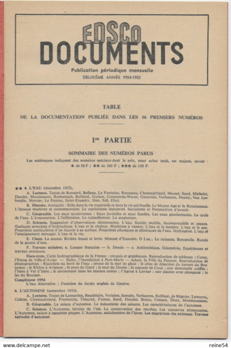 EDSCO DOCUMENTS- TABLE Par Ordre Alpha.-publié Dans Les 16 Premiers Numéros Sept 1953-sept 1955- Les Editions Scolaire - Fichas Didácticas
