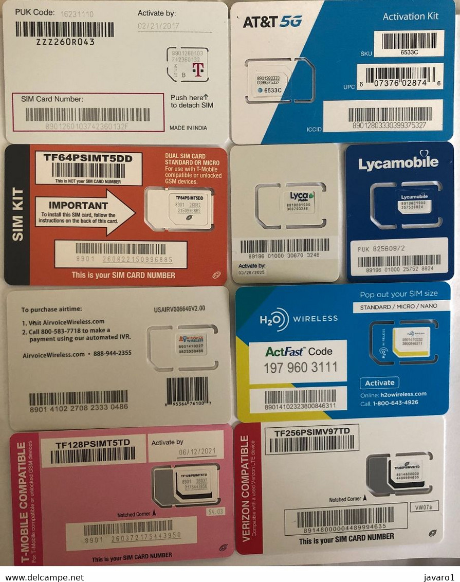 USA : GSM  SIM CARD  : 9 Cards  A Pictured (see Description)   MINT ( LOT Q ) - Schede A Pulce