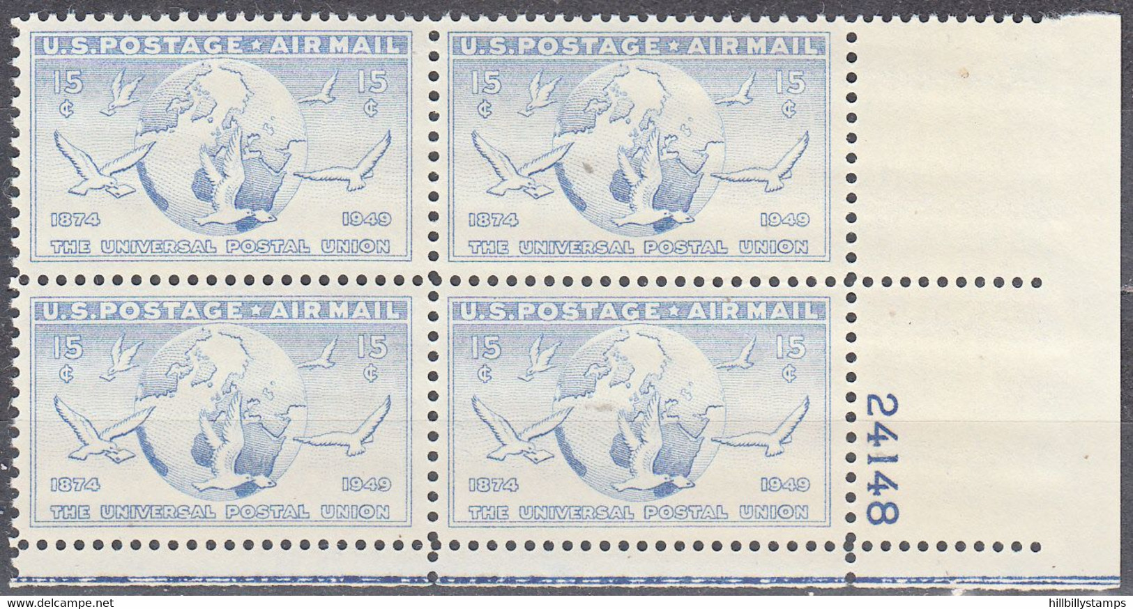 UNITED STATES    SCOTT NO C43  MNH   YEAR  1949  PLATE NUMBER BLOCK - 2b. 1941-1960 Unused
