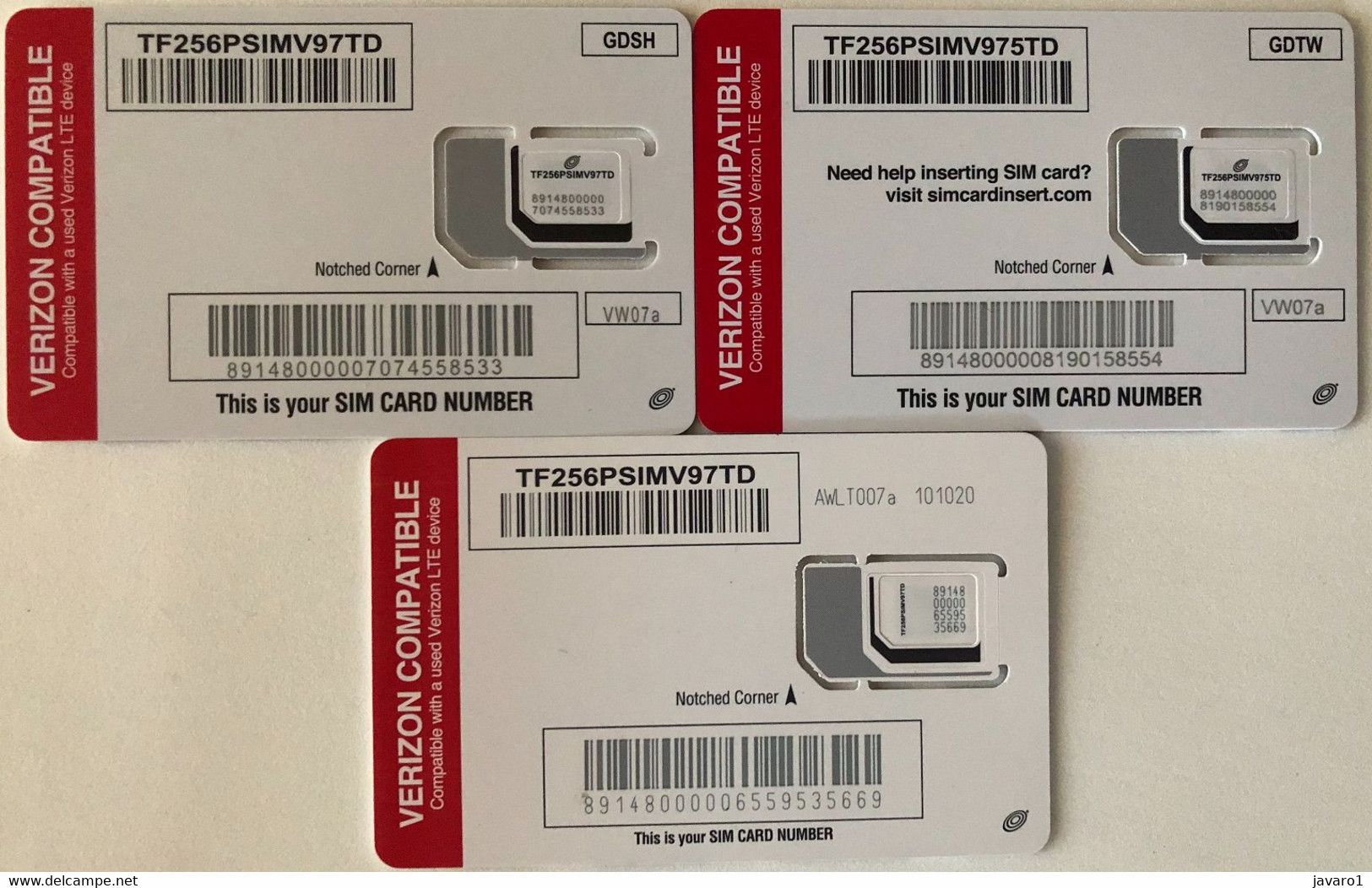 USA : GSM  SIM CARD  : 3 DIFFERENT VERIZON Cards  A Pictured (see Description)   MINT ( LOT J ) - Cartes à Puce