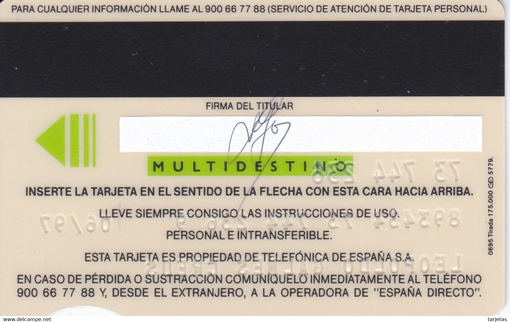 BMP-010 TARJETA PERSONAL DE ESPAÑA DE TELEFONICA MULTIDESTINO FECHA 06/95 - Tests & Servicios