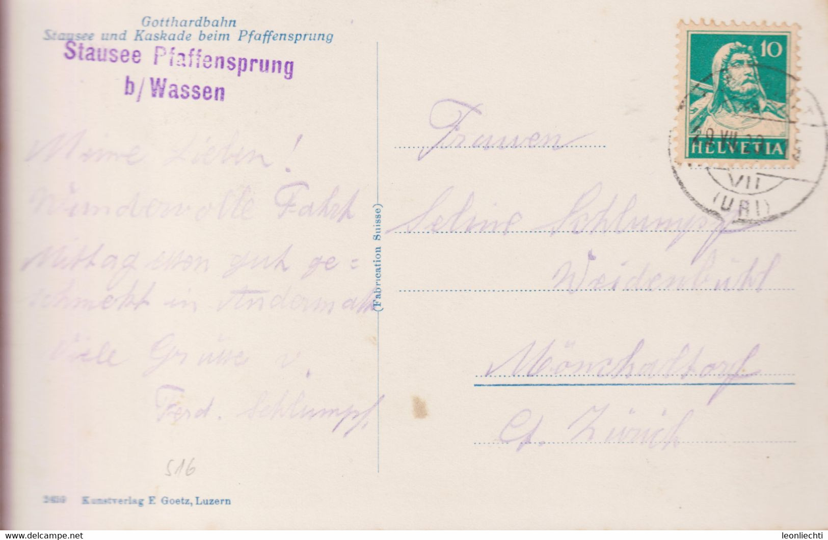AK: 1929 Gotthardbahn, Stausee Und Kaskade Beim Pfaffensprung Bei Wassen Mi: 203x / ZNr: 172. - Wassen