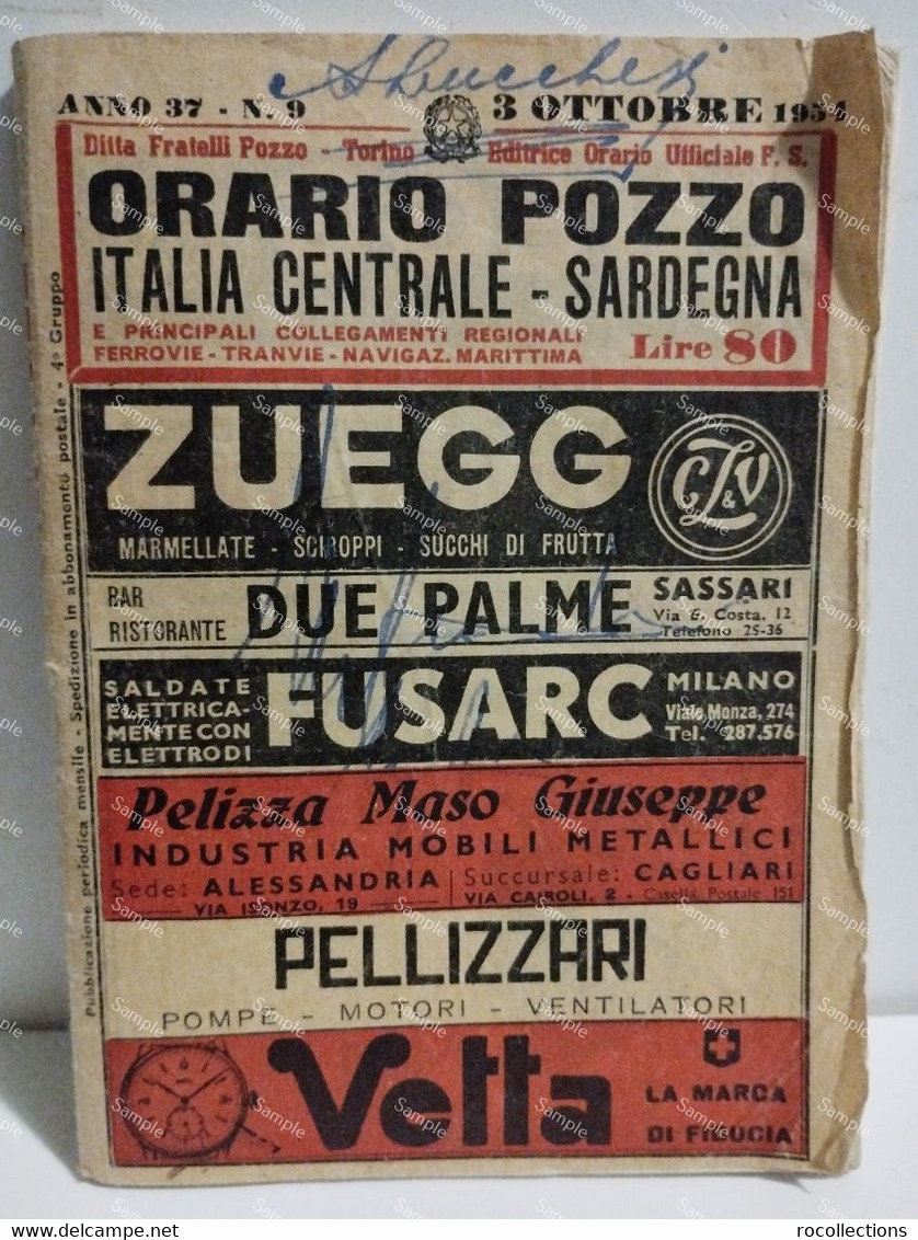 Italy Italia Orario POZZO Italia Centrale E Sardegn. Primi Anni 50 - Europa