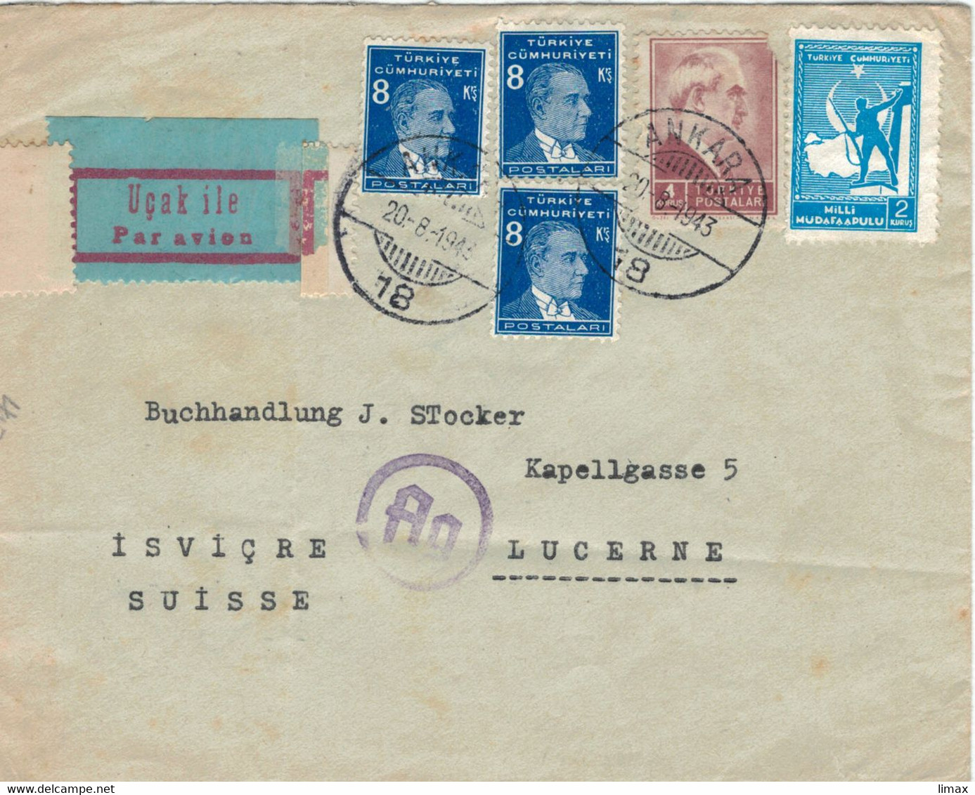 Ankara 1943 > Luzern - Atatürk Zensur Ag - Rs: Via Wien - Cartas & Documentos