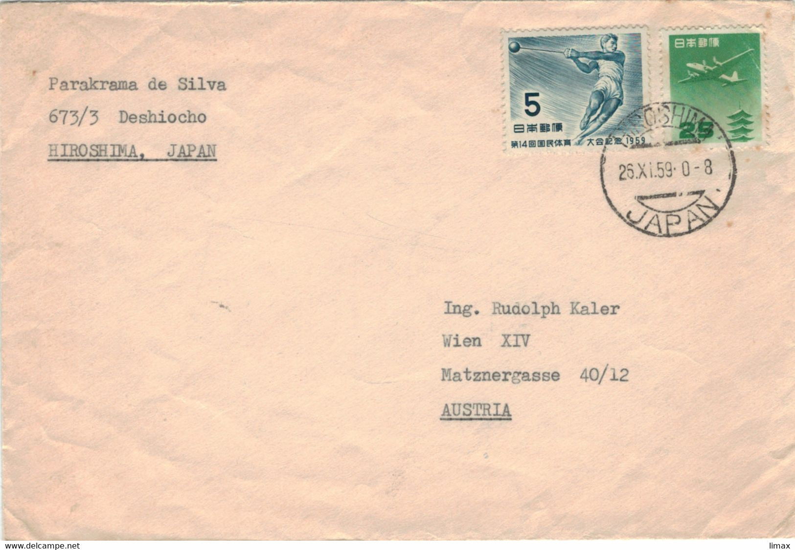 Japan Hiroshima 1959 - Sport Hammerwerfer Flugzeug > WIen - Verschlussmarke TBC - Briefe U. Dokumente