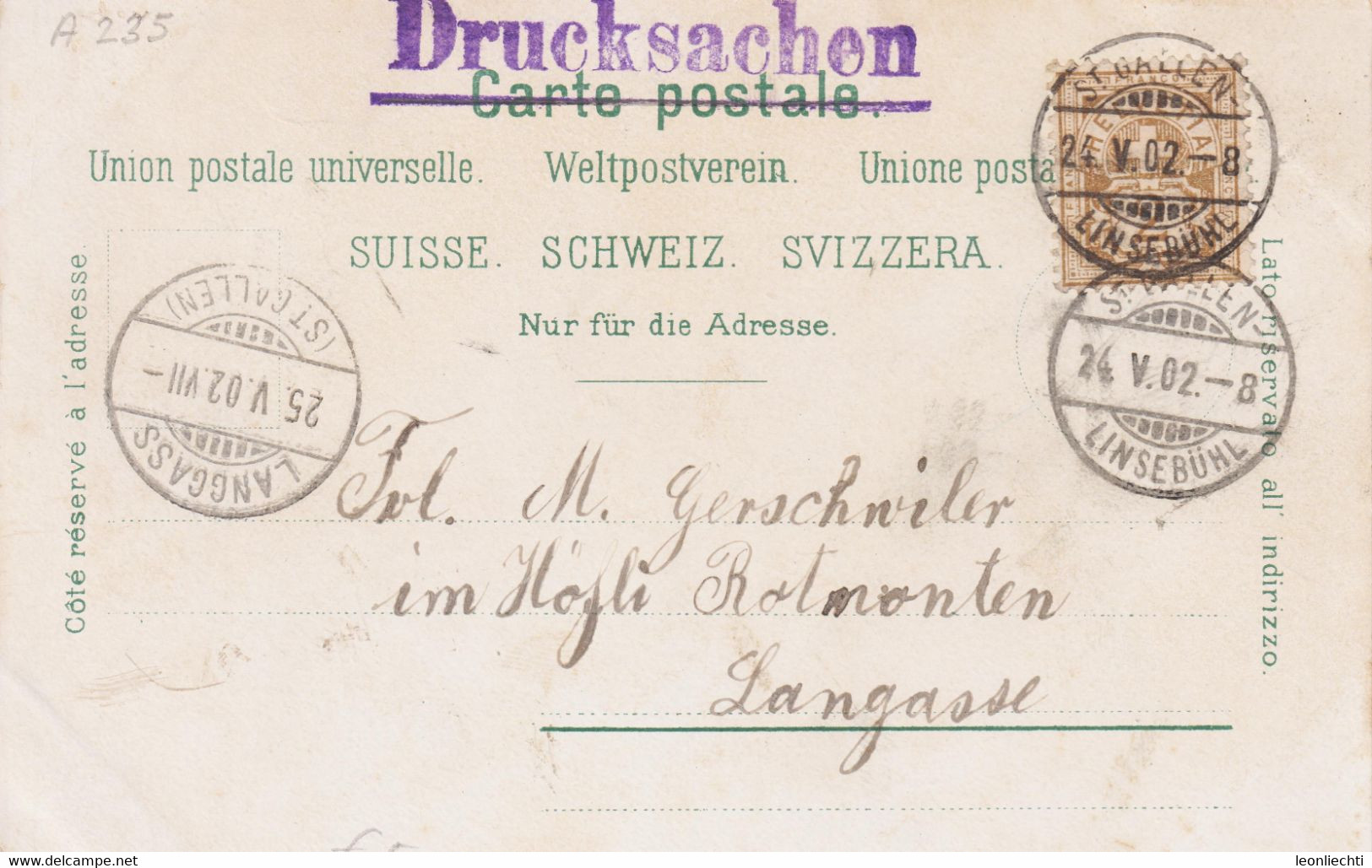 AK, Carte Postale,UPU. Drucksache 1902 Säntis Mi: 50Y / ZNr: 58B, Von St,Gallen Linsebühl N. Langgass St.Gallen - Alberghi & Ristoranti