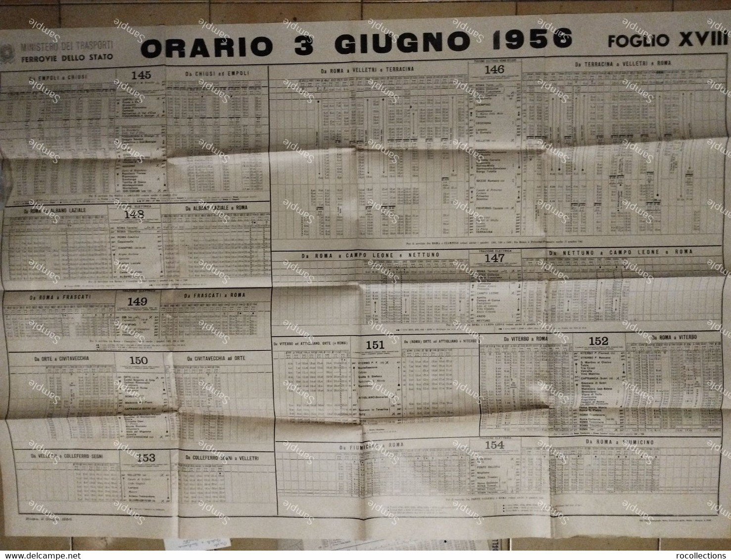 Orari 1956 Ferrovie Dello Stato ROMA Terracina FIUMICINO Orte Empoli CHIUSI Colleferro VITERBO. 100x70 Cm. - Europa