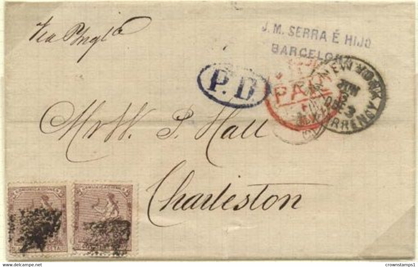 1874 SPAIN LETTER FROM BARCELONA TO CHARLESTON (ED.136) - Brieven En Documenten