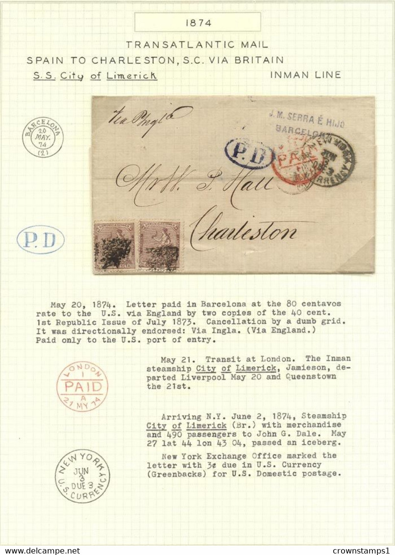 1874 SPAIN LETTER FROM BARCELONA TO CHARLESTON (ED.136) - Storia Postale