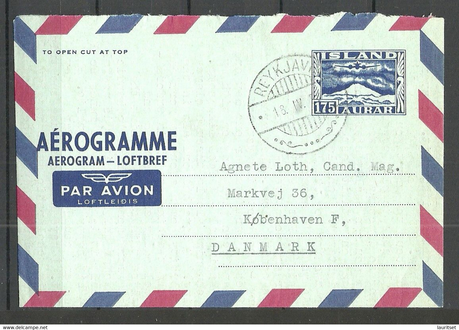 ISLAND 1958 Aerogramme Aerogram 175 Aur O Reikjavik To Denmark - Poste Aérienne