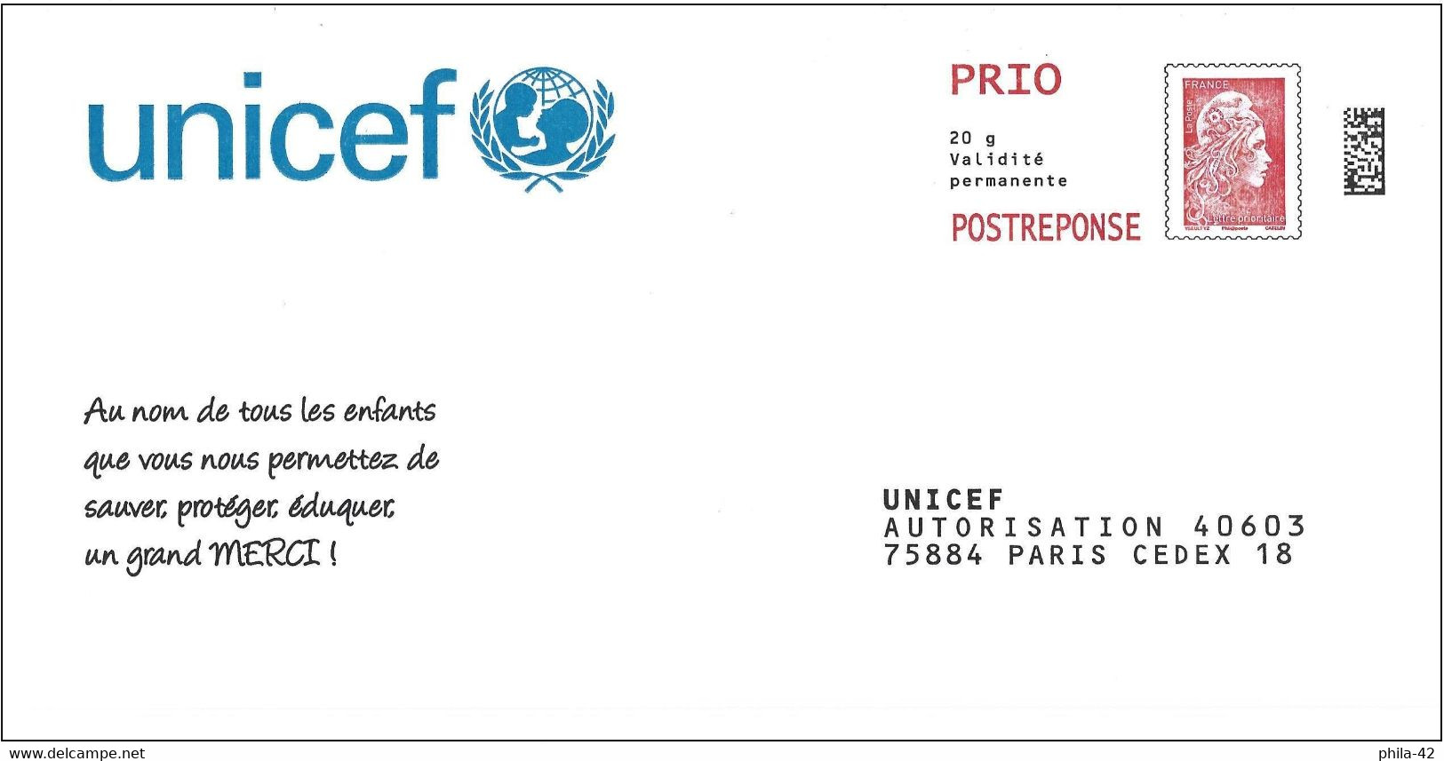 France 2018 - PAP - Mi 7075 Ay - YT 5253 ( Marianne L'Engagée - UNICEF ) Mention Phil@poste - Prêts-à-poster:reply