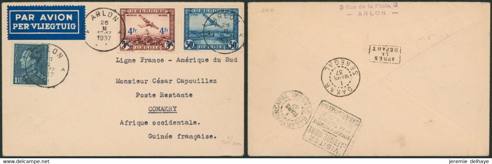 Affranch. Mixte (Poortman) Sur L. Par Avion De Arlon (1937) > Conakry (Guinée Française), Poste Restante / Ligne France - Sonstige & Ohne Zuordnung