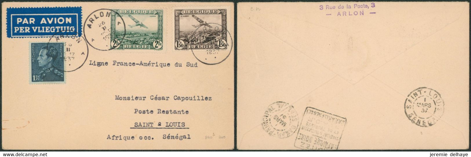 Affranch. Mixte (Poortman) Sur L. Par Avion De Arlon (1937) > Poste Restante Saint-Louis (Sénégal) - Autres & Non Classés