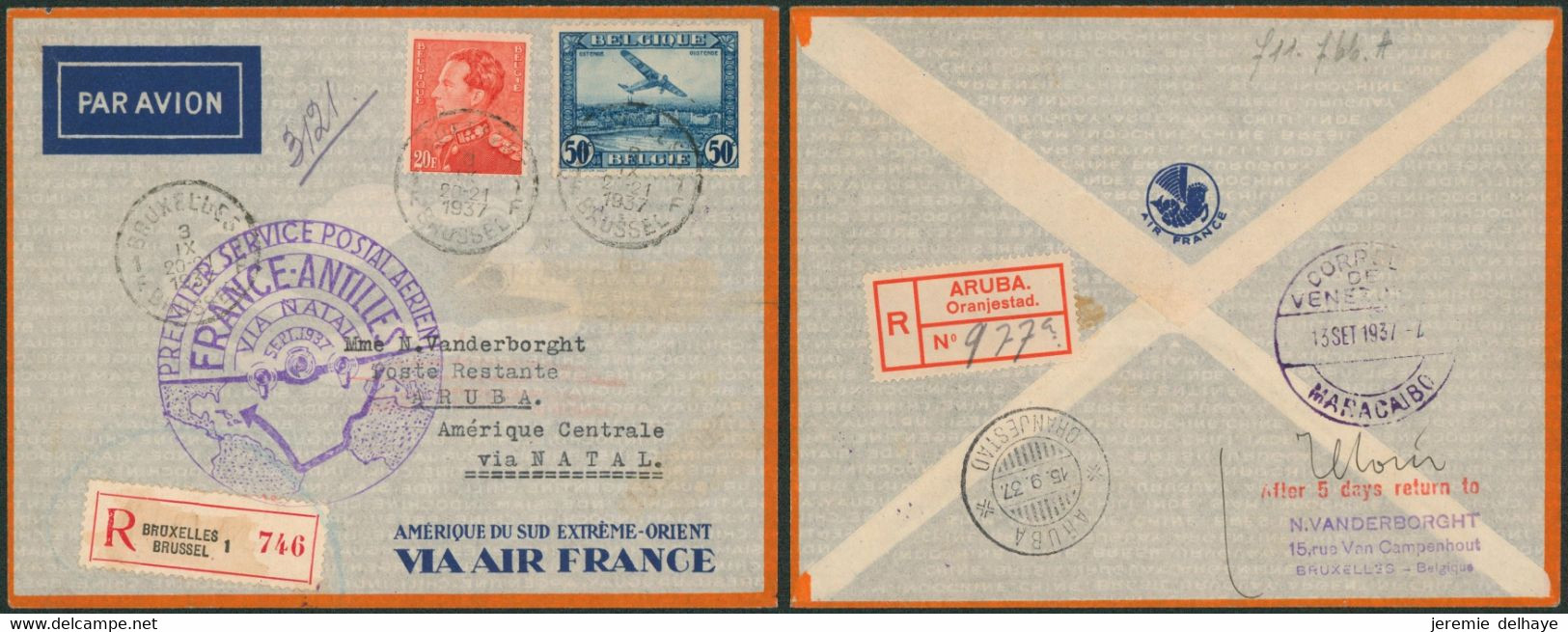 Affranch. Mixte (Poortman) Sur L. Par Avion En R De Bruxelles(1937) > Poste Restante Aruba Via Natal / France-Antilles - Sonstige & Ohne Zuordnung