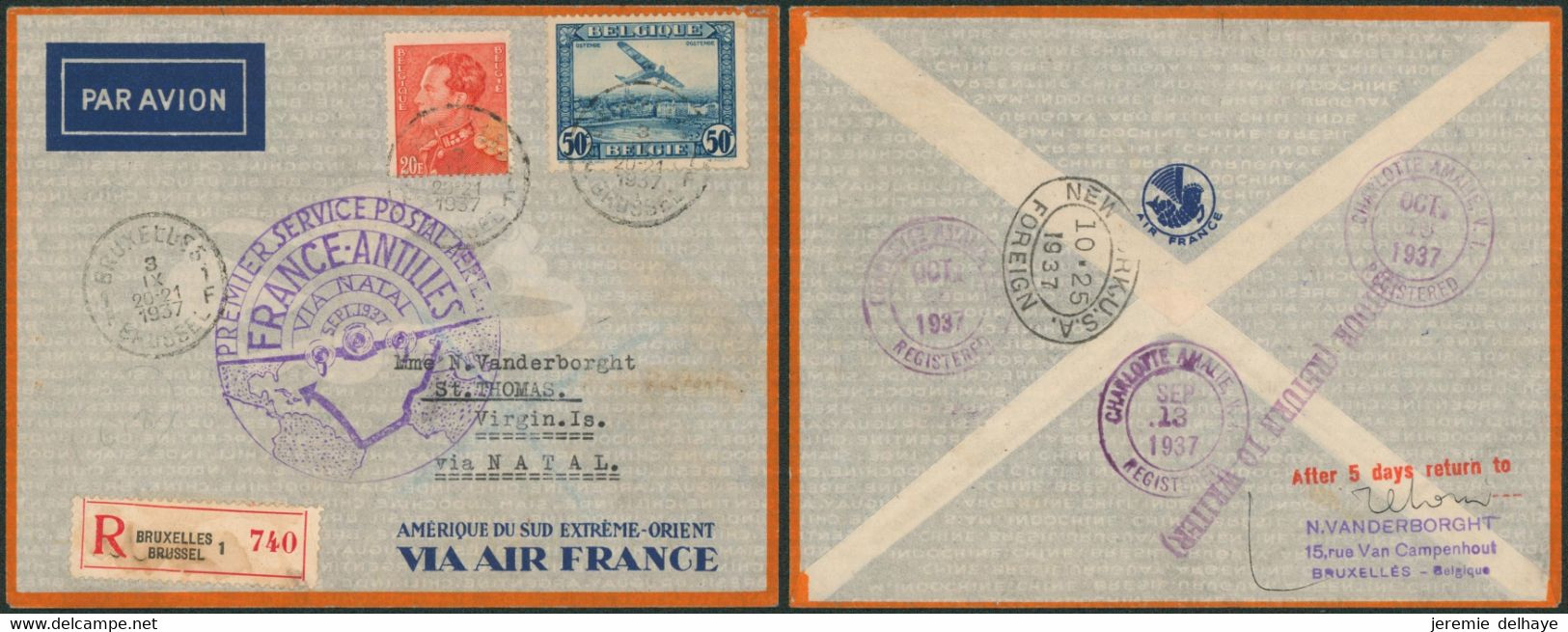 Affranch. Mixte (Poortman) Sur L. Par Avion En R De Bruxelles(1937) > St-Thomas (Virgin Island) Via Natal / France-Ant - Sonstige & Ohne Zuordnung