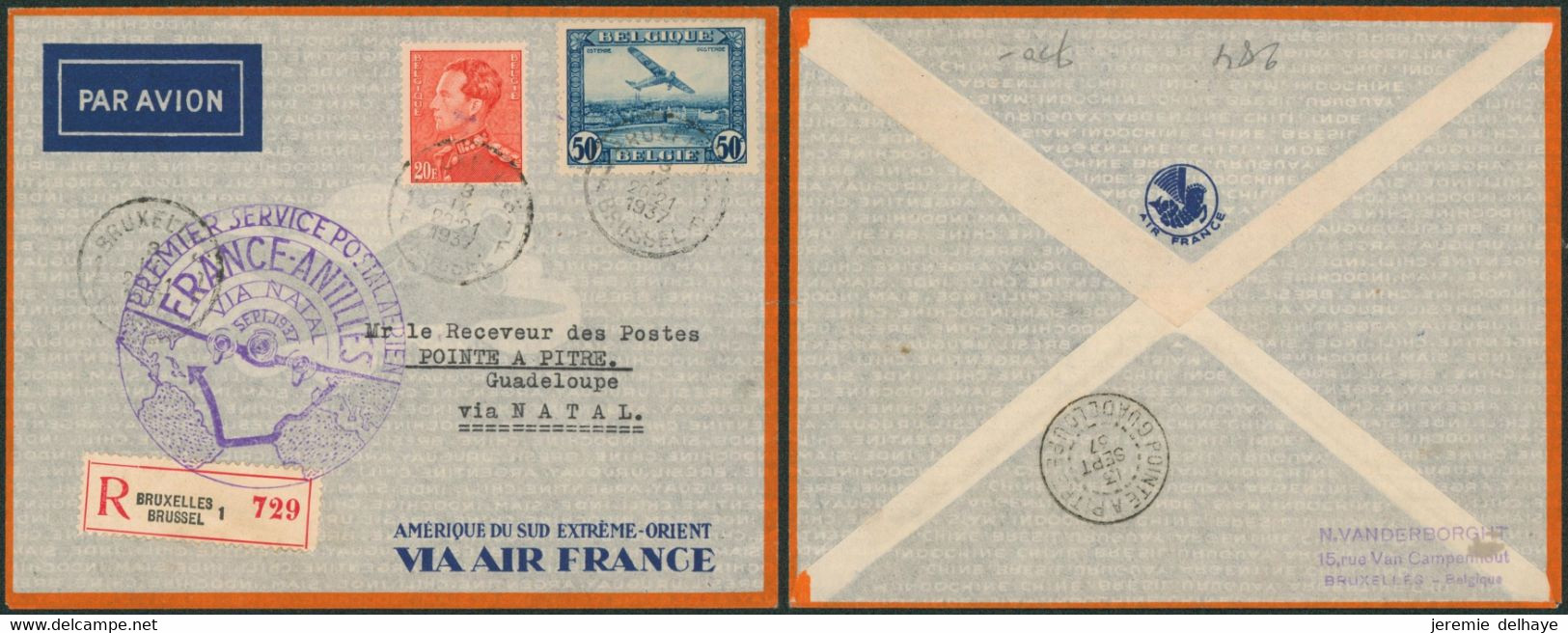 Affranch. Mixte (Poortman) Sur L. Par Avion En R De Bruxelles(1937) > Point à Pitre (Guadeloupe) Via Natal / France - Sonstige & Ohne Zuordnung