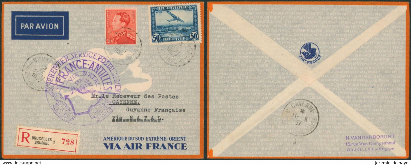Affranch. Mixte (Poortman) Sur L. Par Avion En R De Bruxelles(1937) > Cayenne (Gyanne Française) Via Natal / France - Otros & Sin Clasificación