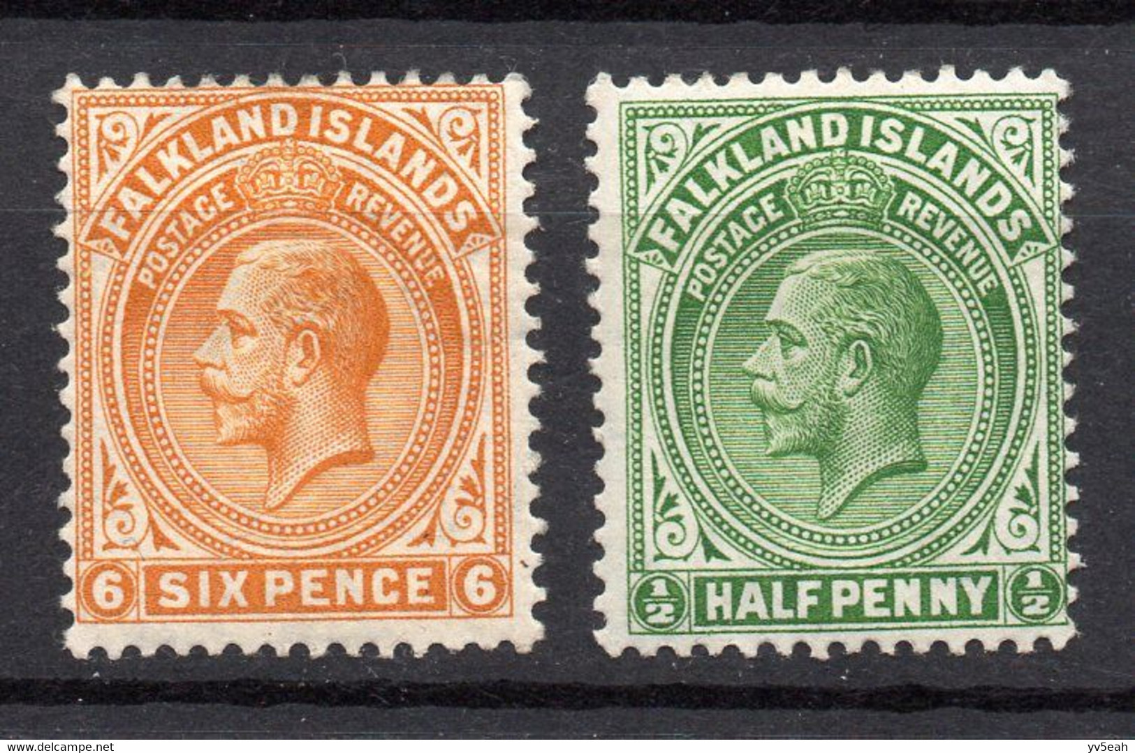 FALKLAND ISLANDS/1912-14/MH/SC#30, 34/ KING GEORGE V / KGV /ROYALTY / CA WMK / 1/2p YEL GRN, 6p ORANGE - Maldives (...-1965)