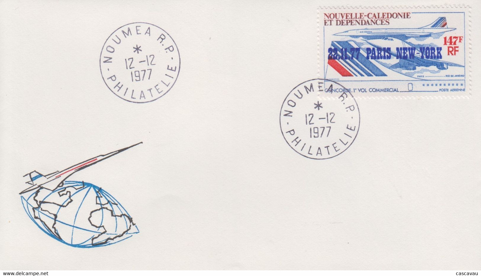 Enveloppe  FDC  1er   Jour   NOUVELLE  CALEDONIE   1er   Vol   Commercial   Avion   CONCORDE   PARIS  - NEW  YORK   1977 - FDC