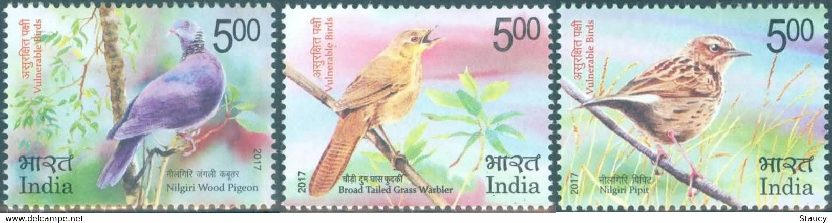 India 2017 Vulnerable Birds Endangered Animal Species Pigeon Complete 3v SET MNH As Per Scan - Pélicans