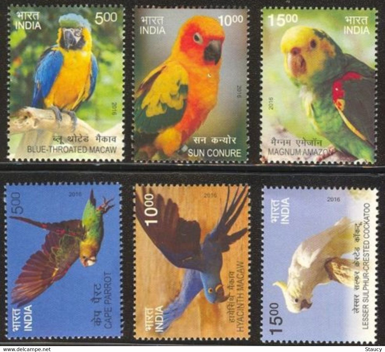India 2016 Exotic Birds 6v Complete Set MNH Macaw Parrot Amazon Crested, As Per Scan - Coucous, Touracos