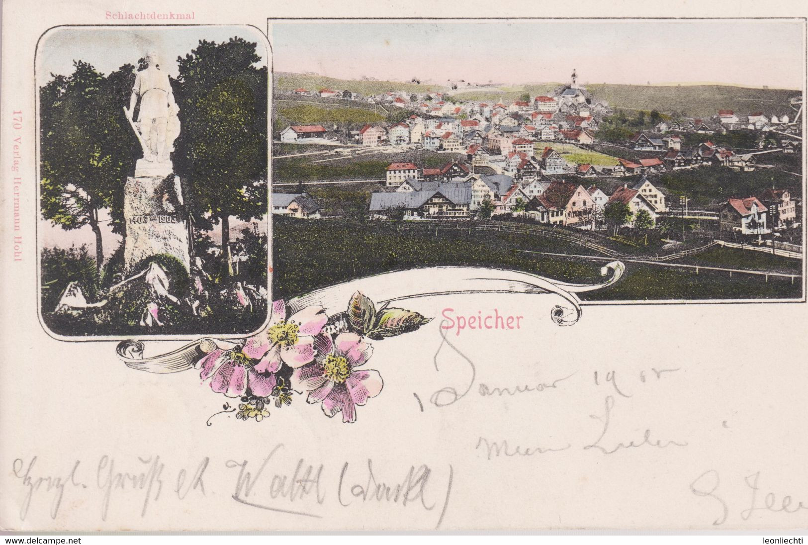 AK, Carte Postale, UPU, 1905 Speicher Mit Schlachtdenkmal, Verlag Hermann Hohl - Speicher