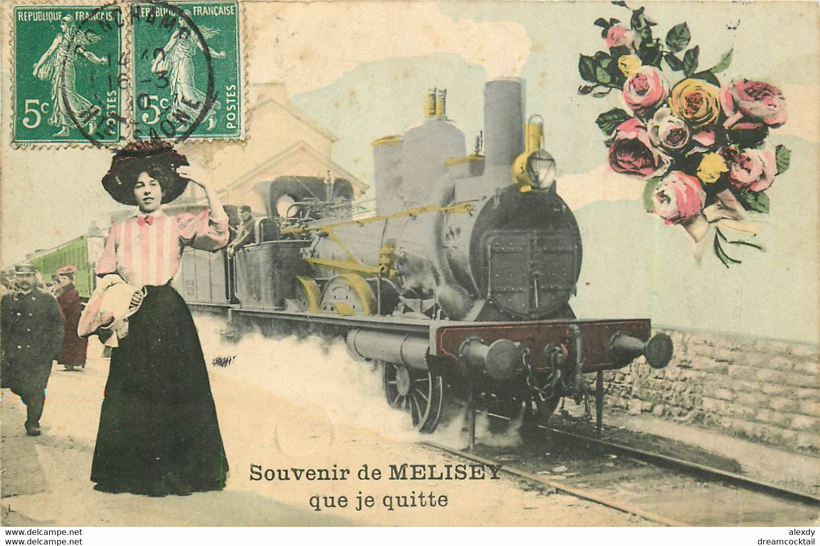 (XX) Carte Montage Gare Train Locomotive Voyageuse Voyageur. Je Pars De MELISEY 70 En 1910 - Mélisey