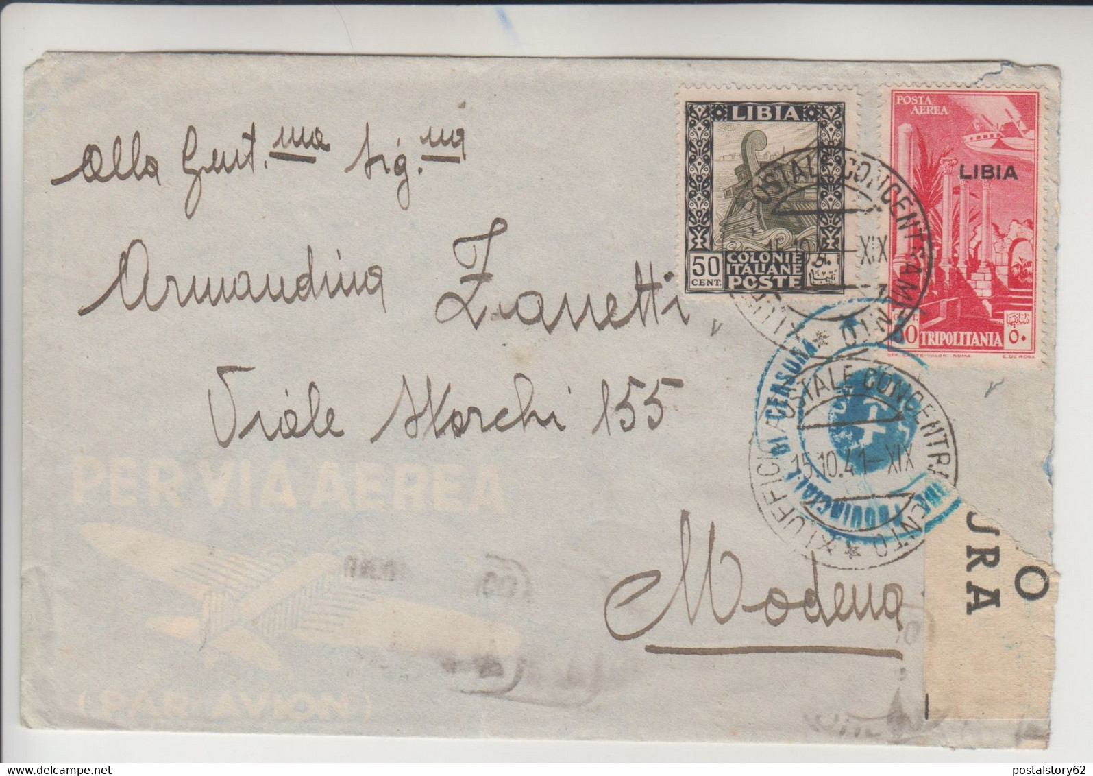 PM 3700, Cover Affrancata Con 50 C. Libia +50 C. Tripolitania Per Modena 15/10/1941 - Libye