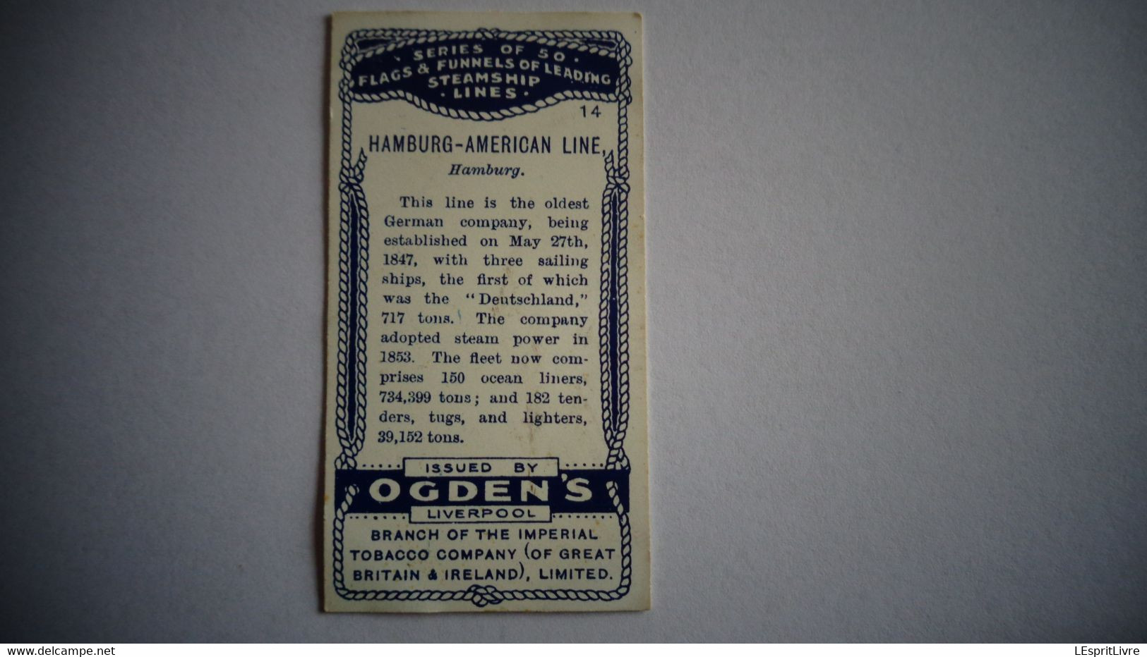 FLAGS AND FUNNELS Steamship Lines 14 HAMBURG AMERICAN LINE Marine Cigarette OGDEN'S Tobacco Vignette Trading Card Chromo - Ogden's