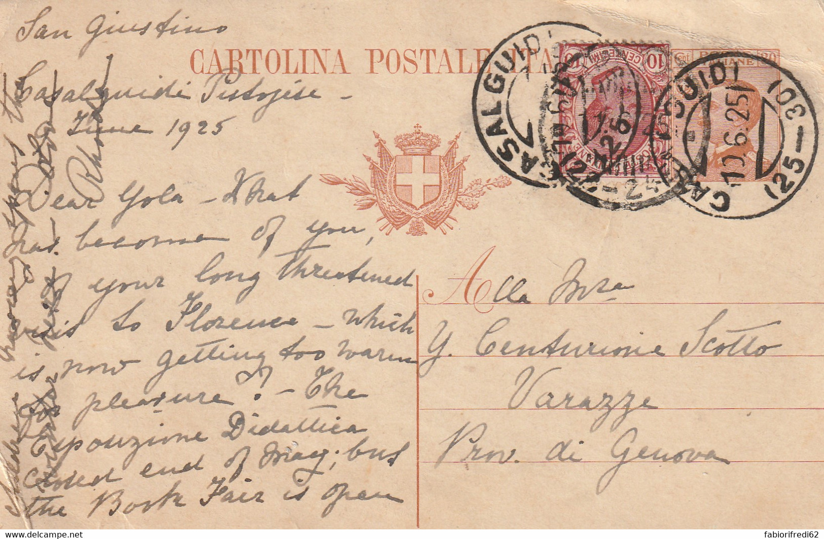 INTERO POSTALE 1925 C.20+10 TIMBRO CASALGUIDI Qualche Pieghetta (ZP2474 - Entiers Postaux