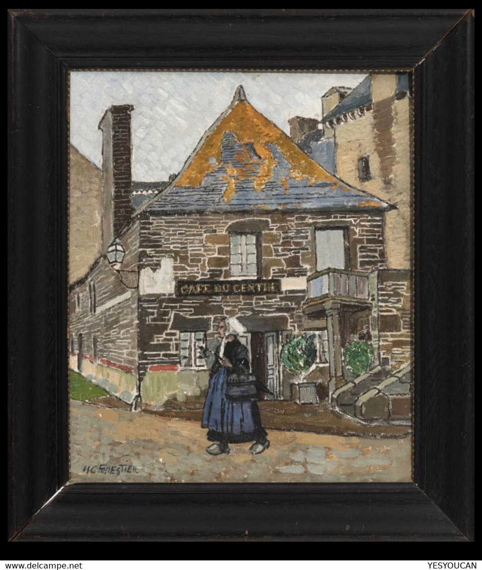 Henry-Claudius Forestier-1874Chêne-Bougeries-1922Meyrin-CAFÉ DU CENTRE PONT AVEN BRETAGNE(art Suisse Peinture Tableau - Oils