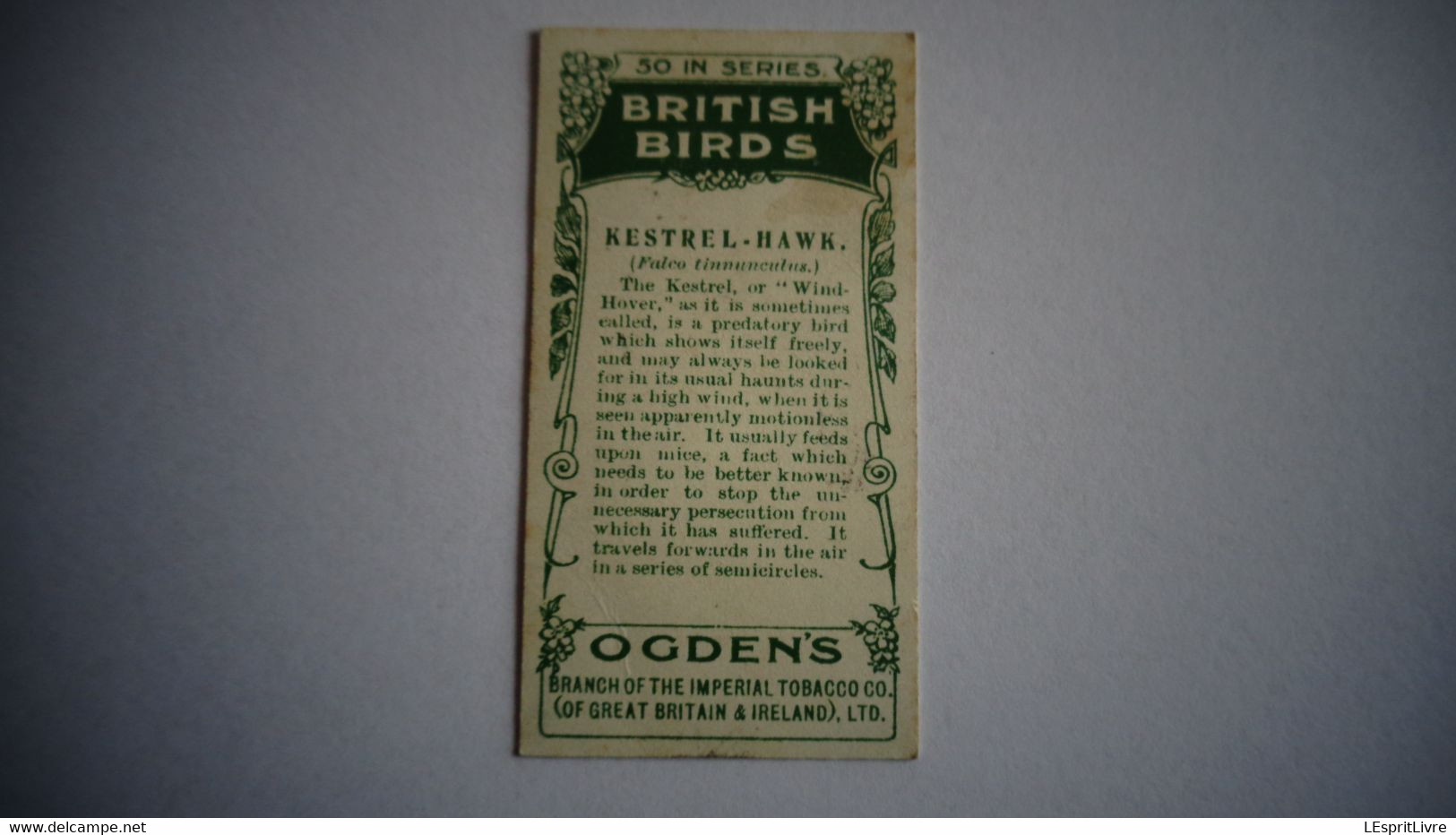 BRITISH BIRDS N° 20 KESTREL  Oiseau Bird  Cigarettes OGDEN'S Tobacco Vignette Trading Card Chromo - Ogden's