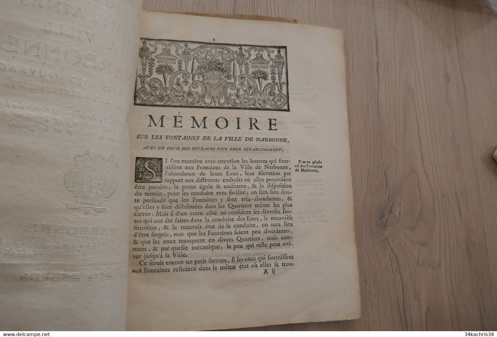 1738 Mémoire Sur Les Fontaines De Narbonne Avec Un Devis... DE CLAPIES Besse Narbonne 27p - Languedoc-Roussillon