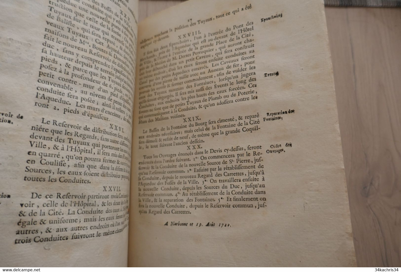 1738 Mémoire sur les fontaines de Narbonne avec un devis... DE CLAPIES Besse Narbonne 27p