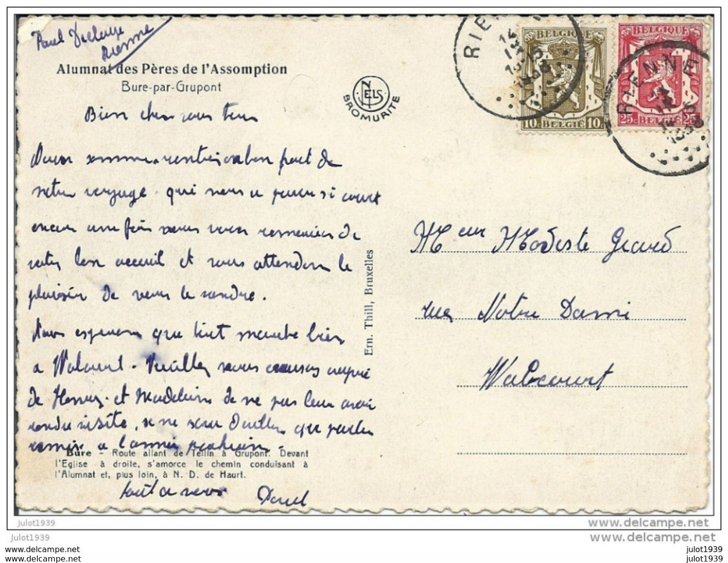 BURE ..-- 1938 De RIENNE à WALCOURT ( Mr Modeste GIARD ??) . Voir Verso . - Tellin