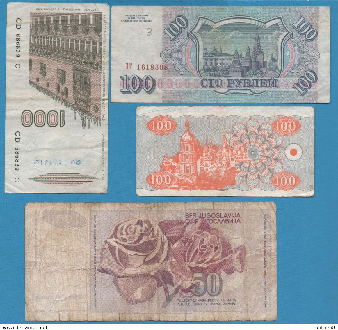 LOT BILLETS 4 BANKNOTES:  UKRAINA - YUGOSLAVIA - RUSSIA - ITALIA - Kilowaar - Bankbiljetten