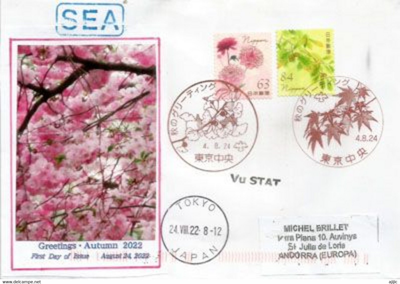 Greetings Autumn 2022 !. Emission Spéciale Sur Cerisiers En Fleurs, Lettre Tokyo (sea Mail) Adessée Andorra - Lettres & Documents
